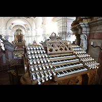 Weingarten, Basilika  St. Martin, Spieltisch der Gabler-Orgel seitlich