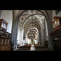 Lausanne, Saint-François, Blick vom Chorraum in Richtung Hauptorgel auf alle drei Orgel
