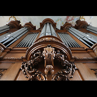 Arlesheim, Dom, Blick vom Spieltisch nach oben auf den Orgelprospekt