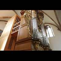 Landau, Stiftskirche, Orgel, Barockprospekt und dahinterliegendes Schwell- und Pedalwerk